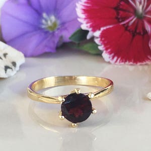 Red Garnet Ring - January Birthstone - Stacking Ring - Gold Ring - Solitaire Ring - Genuine Gemstone - Round Ring - Prong Ring