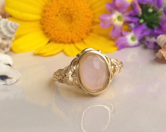 Anillo de cuarzo rosa - anillo de octubre - anillo de oro - anillo de novia - banda de la vendimia - anillo simple - anillo ovalado - anillo de encaje - anillo delicado