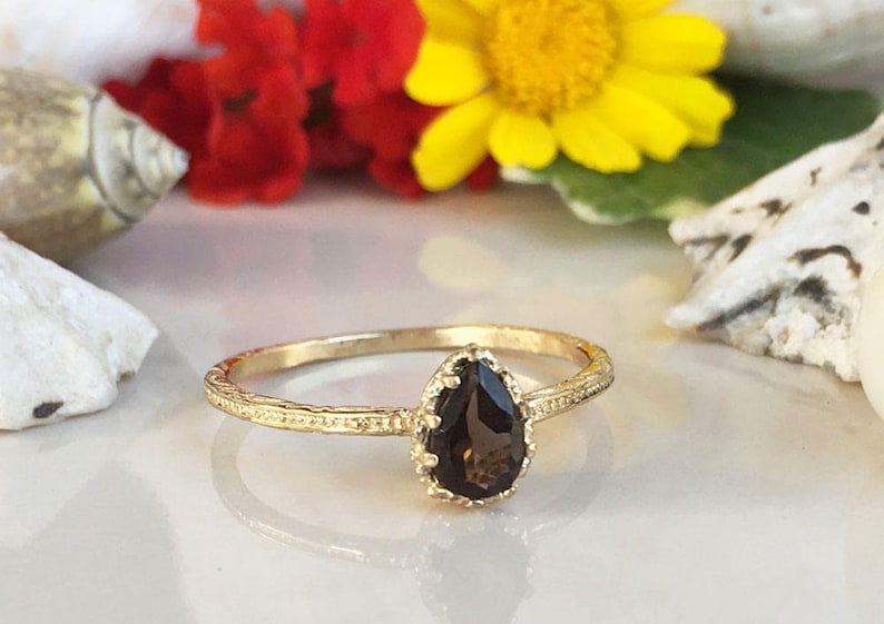 Smoky Quartz Ring - Gold Ring - Stacking Ring - Gemstone Ring- Brown Ring - Hammered Ring - Teardrop Ring - Bezel Ring - Simple Ring 