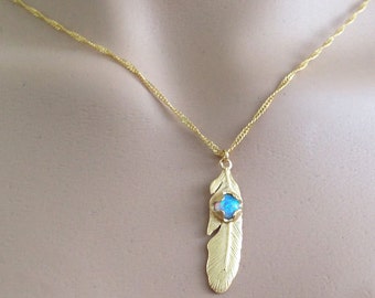 Gold Feather Necklace - Tiny Leaf Necklace - Blue Opal Necklace - Chain Necklace - Simple Necklace - Everyday Jewelry - Gold Pendant