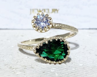 Emerald Ring - Dual Gemstone Ring - Two Birthstone Ring - May Birthstone - Gold Ring - Gemstone Ring - Stack Ring - Hammered Ring