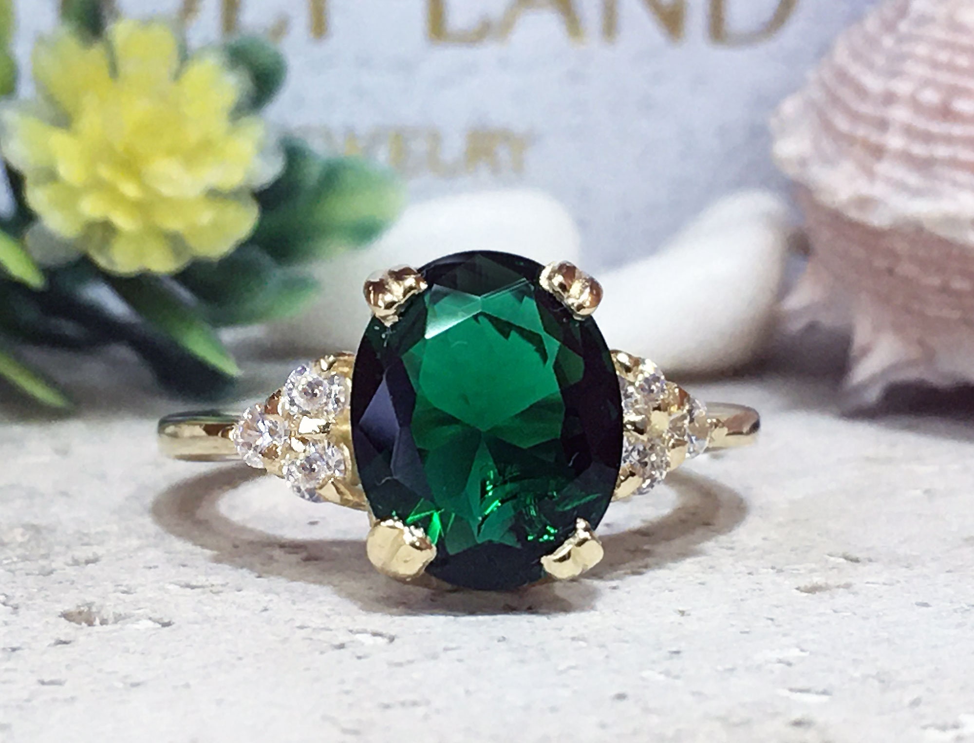 Emerald Ring May Birthstone 14k Solid Gold Ring Gemstone Ring Lab Emerald Ring Engagement Ring Rectangle Ring Anniversary Ring Gift or Her