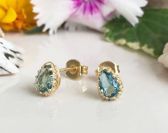 Blue Topaz Earrings - December Birthstone Jewelry - Post Earrings - Delicate Studs - Simple Earrings - Teardrop Earrings