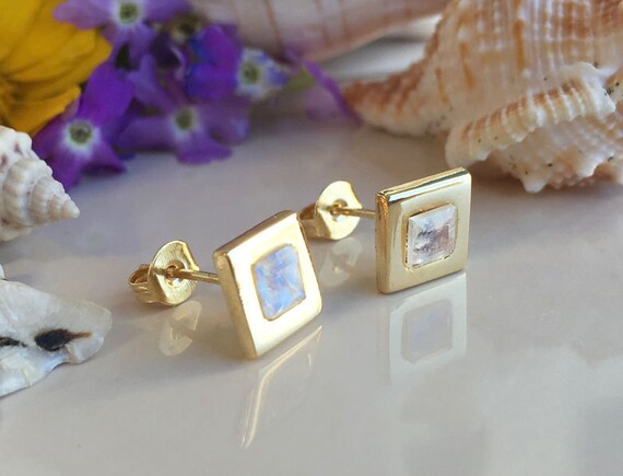 Rainbow Moonstone Earrings - June Birthstone - Square Gemstone Bezel Set Simple Delicate Gold Post Studs