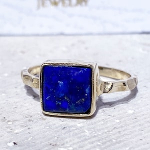 Lapis Ring - Gold Ring - Genuine Gemstone Ring - September Birthstone - Hammered Ring - Royal Blue Ring- Square Band