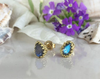 Labradorite Earrings - Pear Natural Rainbow Gemstone Prong  Simple Delicate Teardrop Gold Post Studs
