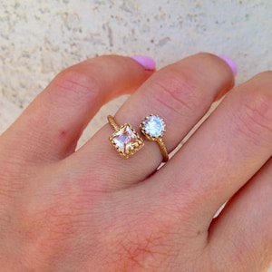 Dual Gemstone Ring - Two Birthstone Ring - Citrine Ring - Clear Quartz Ring - Bezel Ring - Gemstone Ring - Hammered Ring - Gold Ring