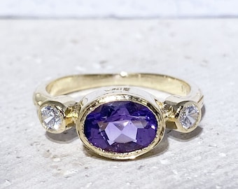 Purple Amethyst Ring - February Birthstone - East-West Oval Natural Gemstone Bezel Set Dainty Gold Band