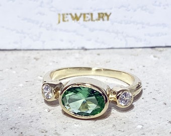 Triple Gemstones Ring - Green Sapphire Ring - Stacking Ring - Bezel Ring - Gold Ring - Gemstone Ring -  Sapphire Jewelry - Delicate Ring