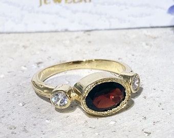 Mozambique Garnet Ring - Genuine Gemstone - January Birthstone - Stack Ring - Oval Ring - Gold Ring - Bezel Ring - Red Garnet