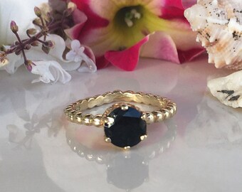 Black Onyx Ring - Genuine Gemstone - December Ring - Gemstone Band - Prong Ring - Vintage Style - Gold Ring - Round Ring - Black Ring