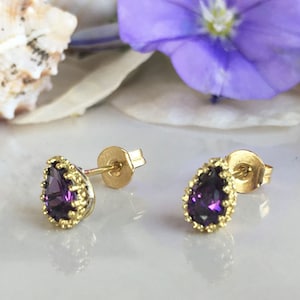 Amethyst Earrings - Bezel Set Earrings - February Birthstone Jewelry - Teardrop Earrings - Post Earrings - Simple Earrings