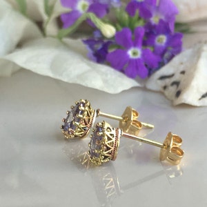 May include: A pair of gold stud earrings with a purple gemstone set in a crown-like design.