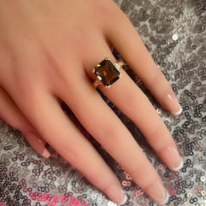 Smoky Quartz Ring - Genuine Gemstone - Gold Ring - Statement Ring - Engagement Ring - Rectangle Ring - Cocktail Ring