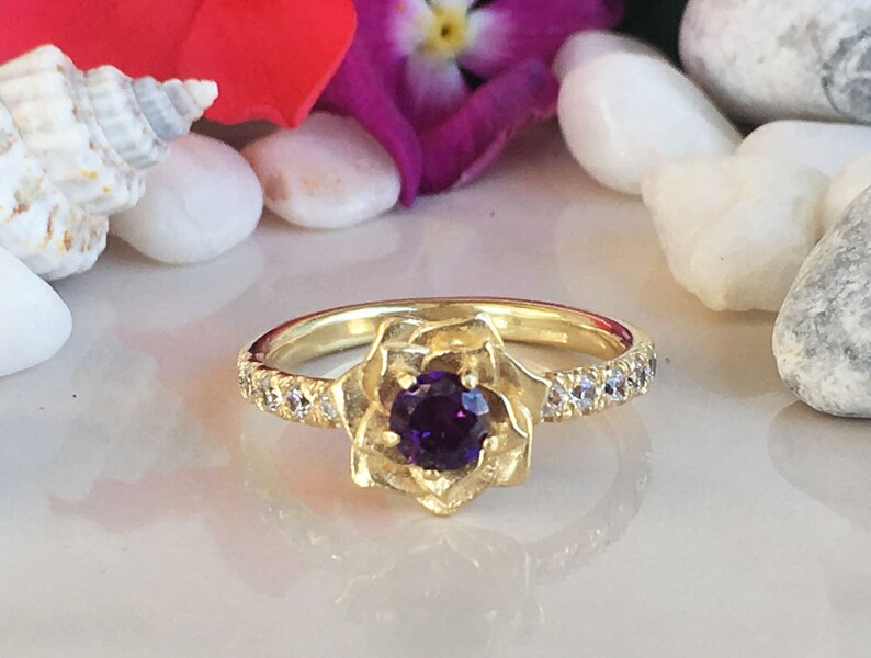 Statement Ring Camellia Ring Purple Amethyst Ring February Birthstone Flower Ring Engagement Ring Vintage Ring Gold Ring