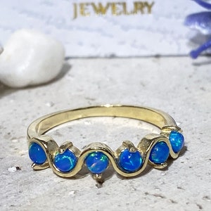 Blue Opal Ring – October Birthstone - Round Gemstone Prong Set Simple Dainty Stacking Gold Band
