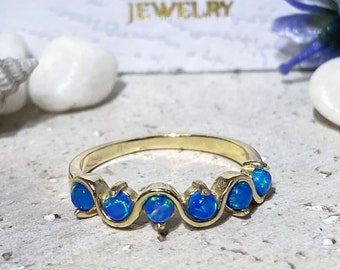 Blue Opal Ring - October Birthstone - Tiny ring - Simple Ring - Prong Ring - Gold Ring - Gemstone Ring - Everyday Jewelry