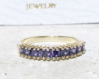 Purple Amethyst Ring - February Birthstone - Stack Ring - Gemstone Band - Gold Ring - Prong Ring - Purple Ring - Dainty Ring - Square Ring