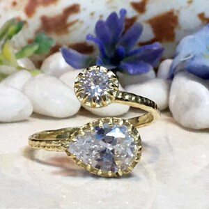 Clear Quartz Ring - Dual Gemstone Ring - Two Birthstone Ring - April Birthstone - Gold Ring - Gemstone Ring - Stack Ring - Hammered Ring