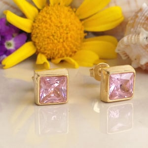 October Birthstone Jewelry - Rose Quartz Earrings - Square Earrings - Post Earrings - Delicate Studs - Simple Earrings