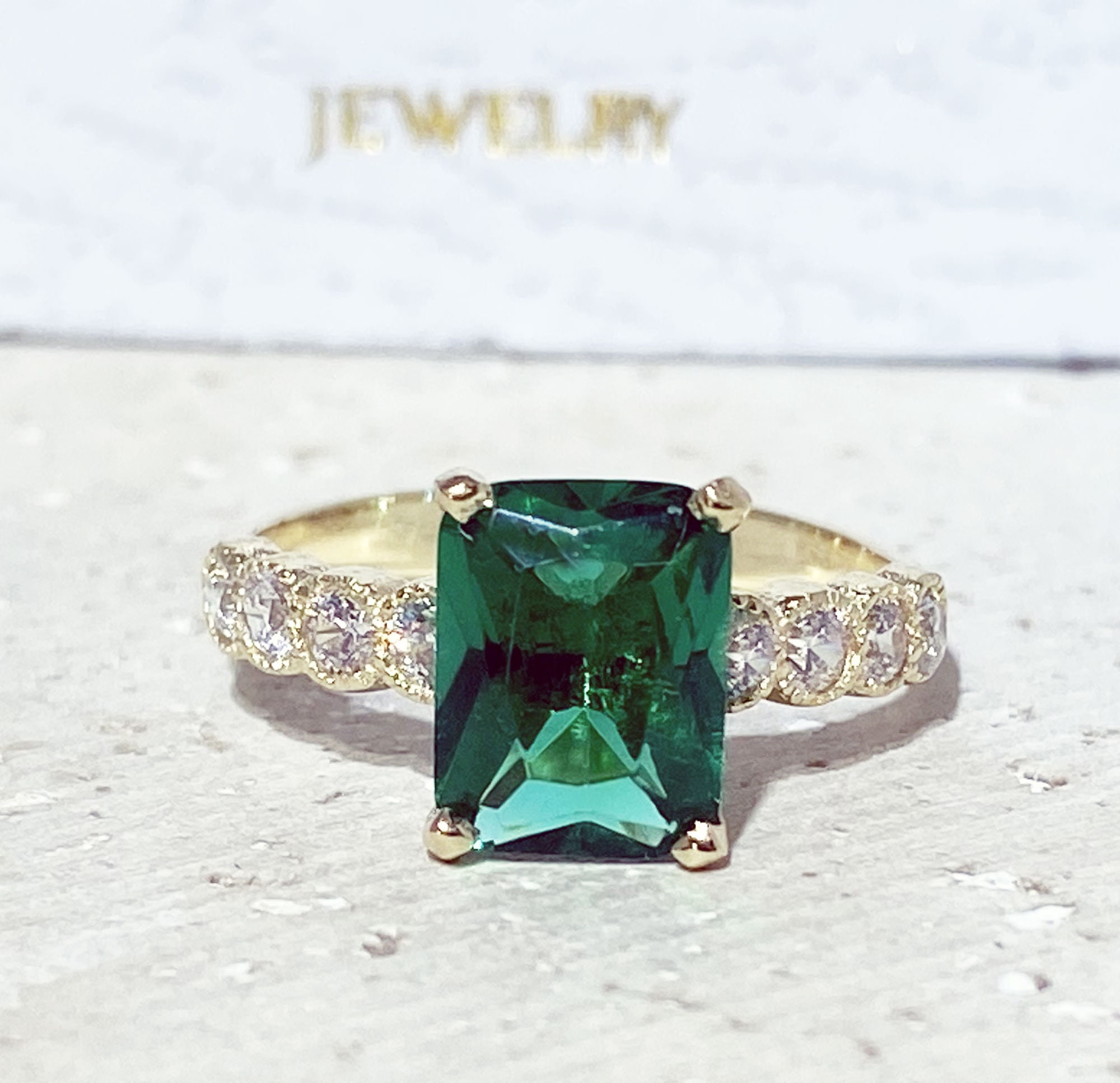 Emerald Cubic Zircon Gold Plated Ring For Women Gift Rectangle Shape Birthstone Size 5,6,7,8,9,10,11,12