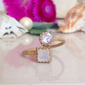 Dual Gemstone Ring - Any Birthstone Ring - Moonstone Ring - Clear Quartz Ring - Gemstone Ring - Hammered  Ring - Stack Ring - Gold Ring