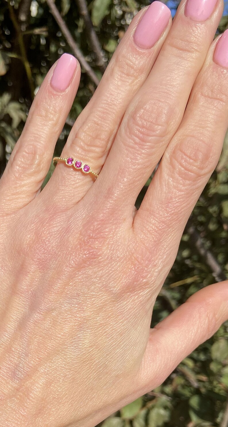 Triple Gemstones Ring Ruby ring Stack Ring Gold Ring Delicate Ring Bezel Ring Fuchsia Ring Tiny Ring July Birthstone image 8