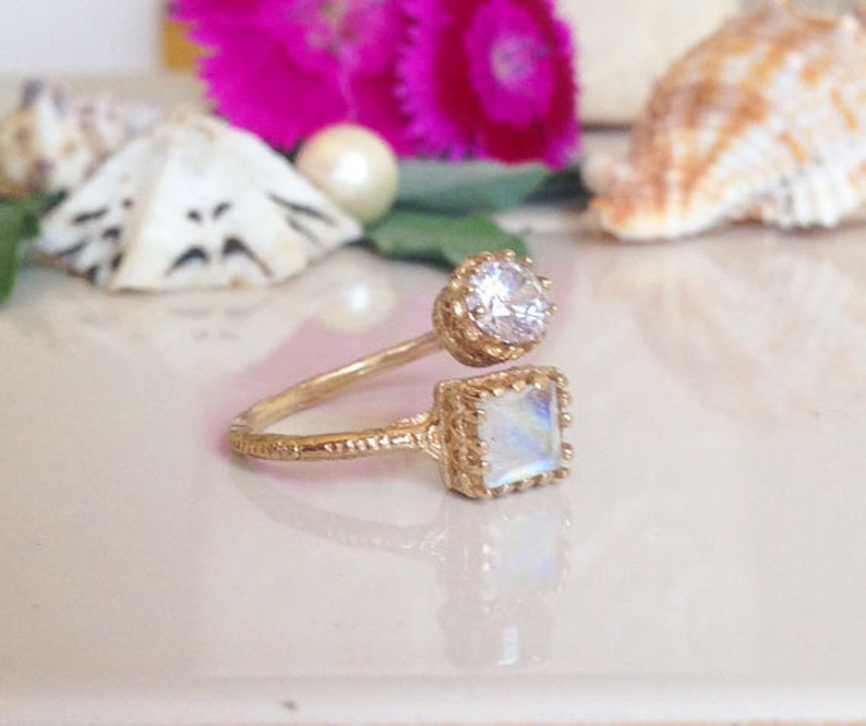 Dual Gemstone Ring Clear Quartz Ring Gold Ring Moonstone Ring Hammered Ring Stack Ring Gemstone Ring Any Birthstone Ring
