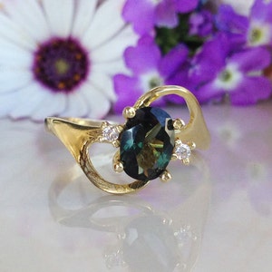 Green Tourmaline Ring - Oval Gemstone Prong Set Dainty Delicate Gold Band