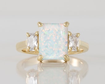 White Opal Ring - Gold Ring - Engagement Ring - Prong Ring - Rectangle Ring - Cocktail Ring - Gemstone Ring - Opal Jewelry - Statement Ring