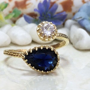 Sapphire Ring - Dual Gemstone Ring - Two Birthstone Ring - September Birthstone - Gold Ring - Gemstone Ring - Stack Ring - Hammered Ring