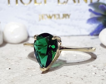 Emerald Ring - May Birthstone - Gemstone Ring - Prong Ring - Gold Ring - Dainty Ring  - Simple Ring - Green Ring - Teardrop Ring Ring