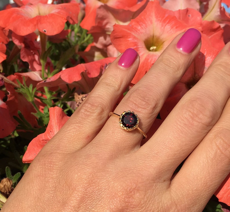 Mozambique Garnet Ring Genuine Gemstone January Birthstone Round Crown Ring Dainty Ring Gold Ring Bezel Ring Red Ring image 2