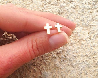 Small Cross Earrings - Minimalist Simple Gold Tiny Posts Studs - Everyday Jewelry