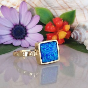 Blue Opal Ring - Gold Ring - Gemstone Rimg - Opal Jewelry - Hammered Ring - Square Ring - Simple Jewelry - October Ring