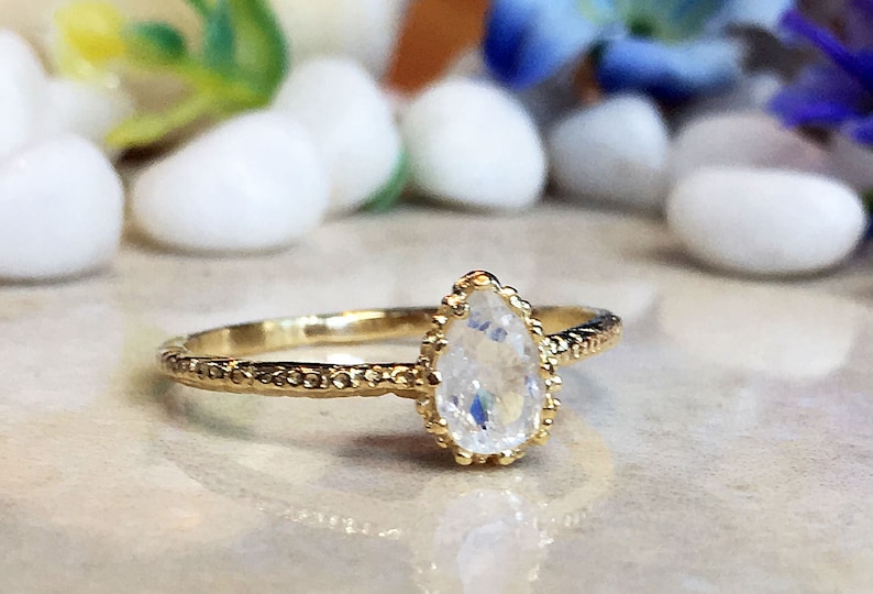 Rainbow Moonstone Ring - Genuine Gemstone - June Birthstone - Gold Ring - Simple Ring - Stack Ring - Hammered Ring - Teardrop Ring 