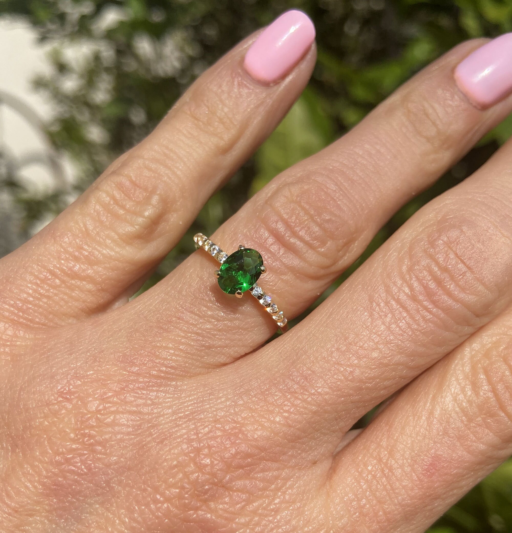 Emerald Ring - May Birthstone - Oval Green Gemstone Prong Set Dainty Engagement Gold Band