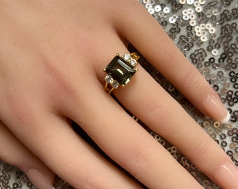 Green Tourmaline Ring - Statement Ring - Gold Ring - Engagement Ring - Rectangle Ring - Cocktail Ring - Gemstone Ring - Prong Ring