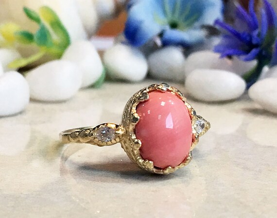 Coral Ring Genuine Gemstone Statement Ring Peach Coral | Etsy