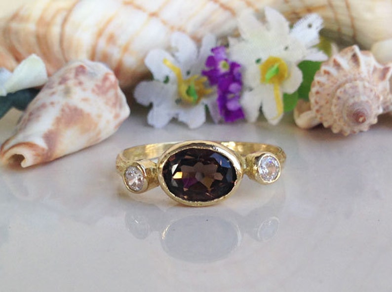 Smoky Quartz Ring Brown Ring Simple Ring Genuine Gemstone Stacking Ring Bezel Ring Triple Ring Hammered Ring Oval ring