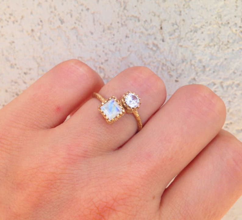 Dual Gemstone Ring Clear Quartz Ring Gold Ring Moonstone Ring Hammered Ring Stack Ring Gemstone Ring Any Birthstone Ring