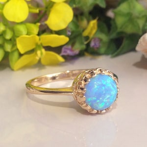 Blue Opal Ring - October Birthstone - Gold Ring - Gemstone Ring - Opal Jewelry - Bezel Ring - Promise Ring - Round Opal - Dainty Ring