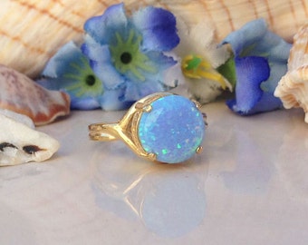 Blue Opal Ring - October Birthstone - Gold Ring - Gemstone Ring - Opal Jewelry - Promise Ring - Round Ring - Prong Ring -