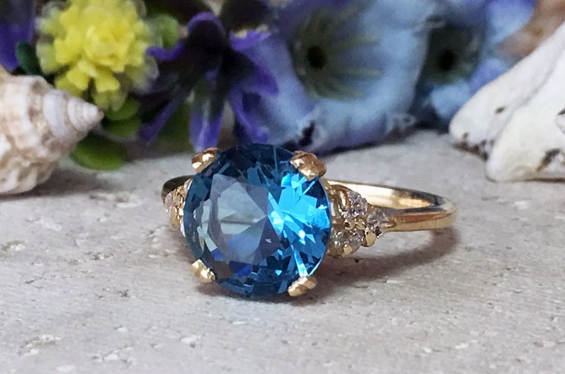 Blue Topaz Ring December Birthstone Gemstone Band Gold Ring Engagement Ring Round Ring Cocktail Ring Prong Ring image 1