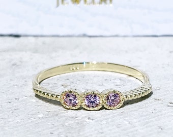 Rose Quartz Ring - October Birthstone - Round Triple Gemstone Bezel Set Delicate Stacking Gold Band