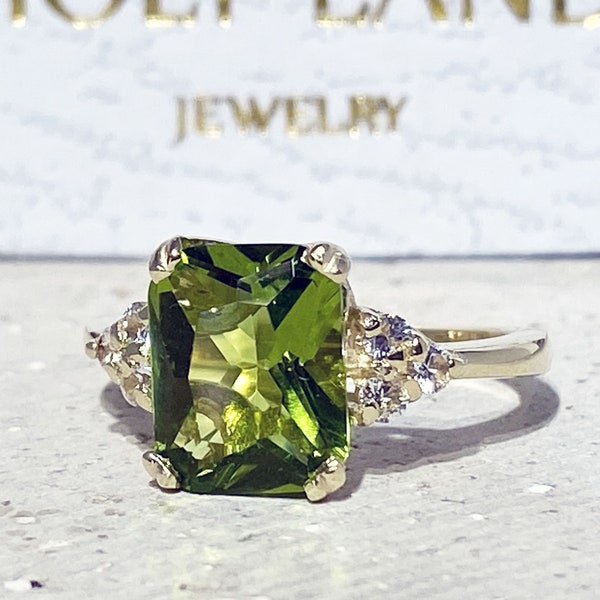 Peridot Ring - August Birthstone Jewelry - Statement Ring - Gold Ring - Engagement Ring - Rectangle Ring - Cocktail Ring - Prong Ring