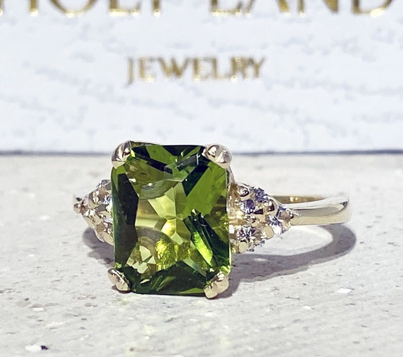 Peridot Ring - August Birthstone Jewelry - Statement Ring - Gold Ring - Engagement Ring - Rectangle Ring - Cocktail Ring - Prong Ring 