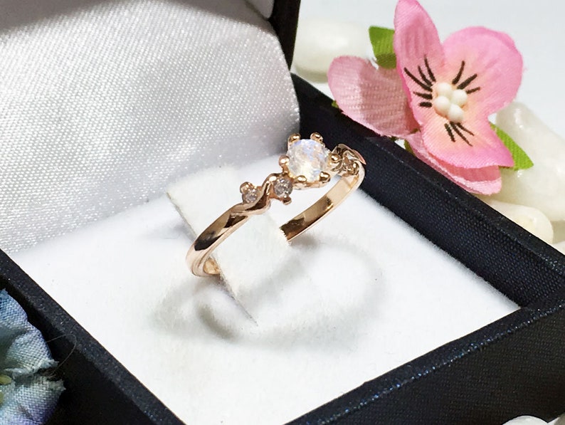 Simple Ring Rainbow Moonstone Ring Gold Ring Genuine Gemstone Tiny Ring June Ring Prong Ring Stacking Ring Delicate Ring