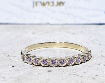 Rose Quartz Ring - October Birthstone - Round Gemstone Bezel Set Half Eternity Stacking Gold Band