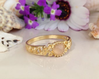 Rose Quartz Ring - October Birthstone - Round Gemstone Bezel Set Lace Filigree Dainty Gold Band